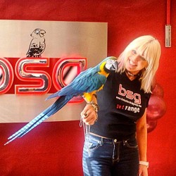 Karen Waldron and a Barber Shop parrot
